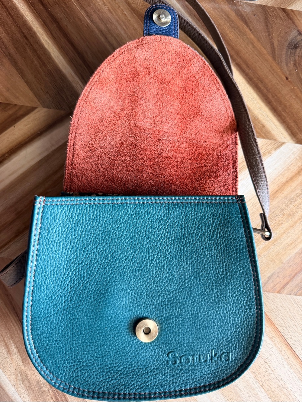 Teal Leather Crossbody Bag with Polka Dot Flap and Pink Accent - Picture 3 of 6
